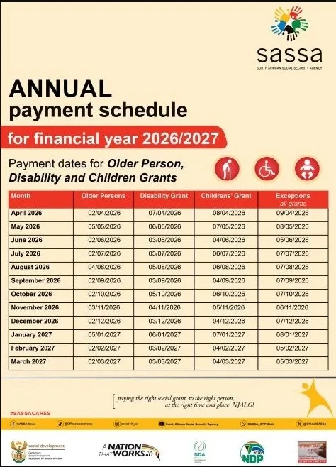 sassa annual payment schedule 2026 and2 027